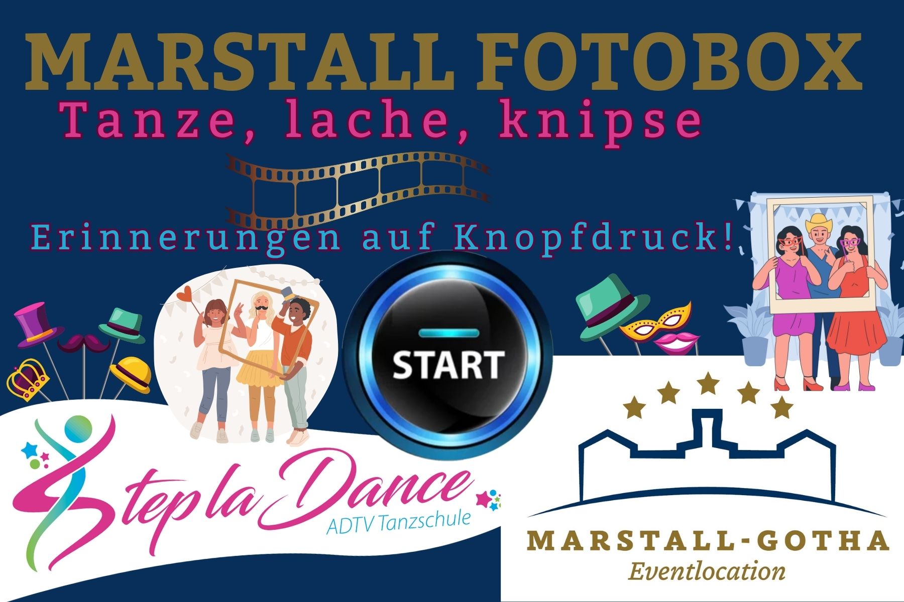 Fotobox im Marstall Gotha mit individuell gestaltbarem Hintergrund und der Möglichkeit, Erinnerungen auf Knopfdruck festzuhalten. Gäste können spontane Fotos machen, die direkt ausgedruckt oder digital geteilt werden, was die Hochzeitsfeier unvergesslich macht.